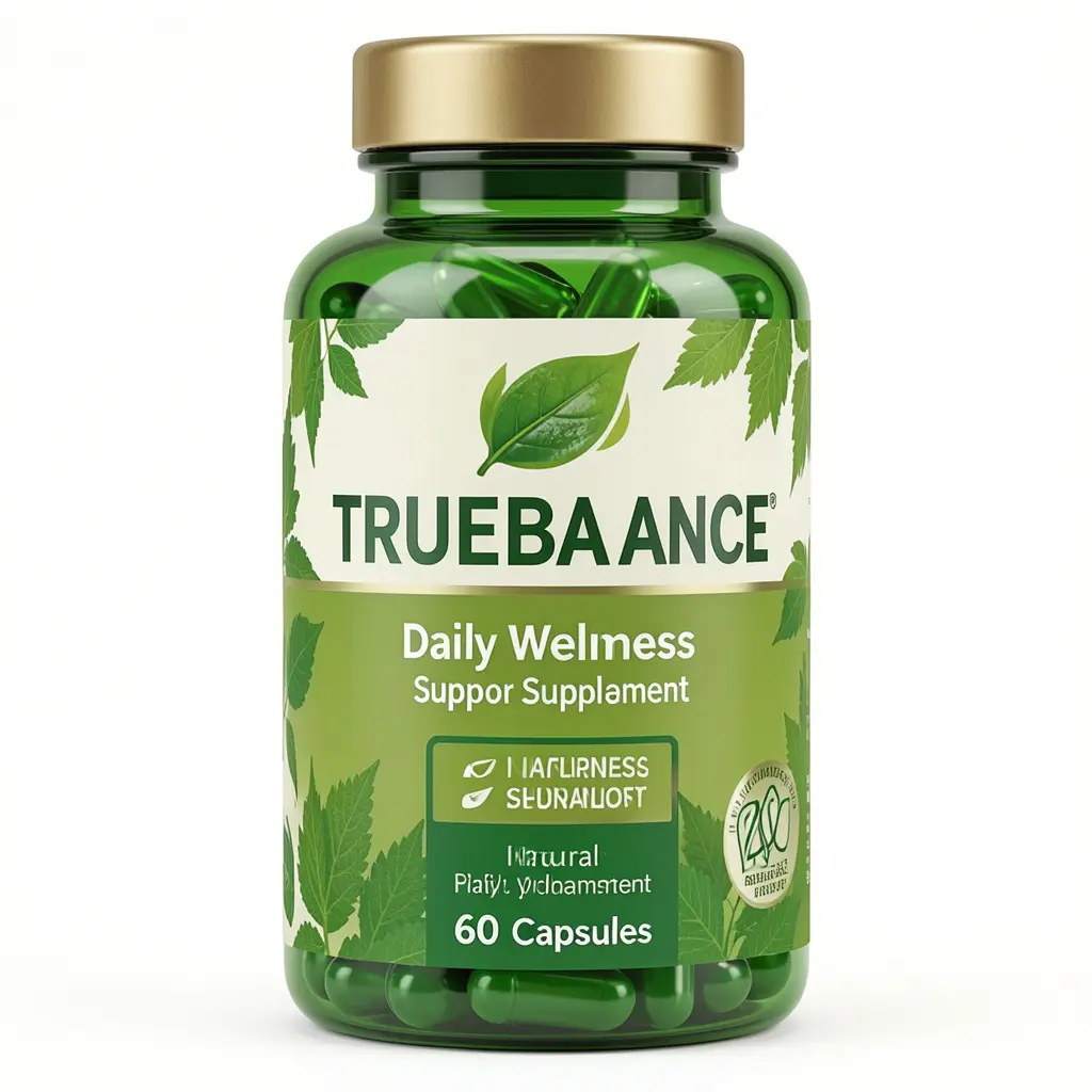 TrueBalance dietary supplement bottle with natural green design, containing 60 capsules for daily wellness support